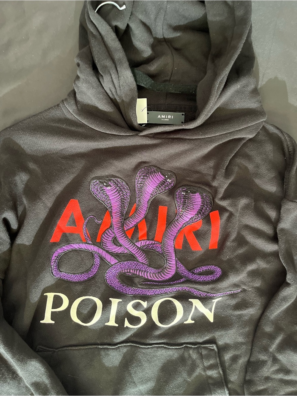 AMIRI Black Hoodie with Red Logo and Purple Snake Graphic